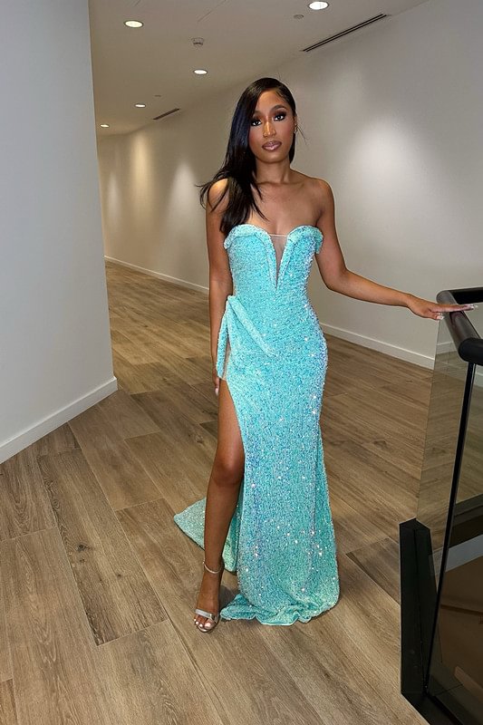Shiny Blue Mermaid Strapless Split Prom Dress With Sequins | Ballbellas Ballbellas