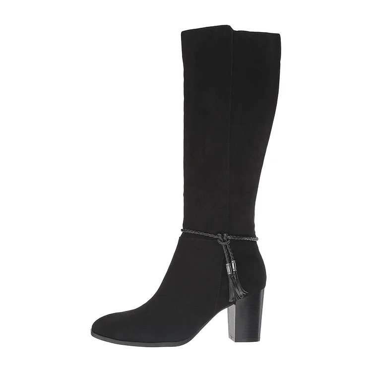 Black Knee High Tassel Boots with Chunky Heel - Suede Strap Vdcoo
