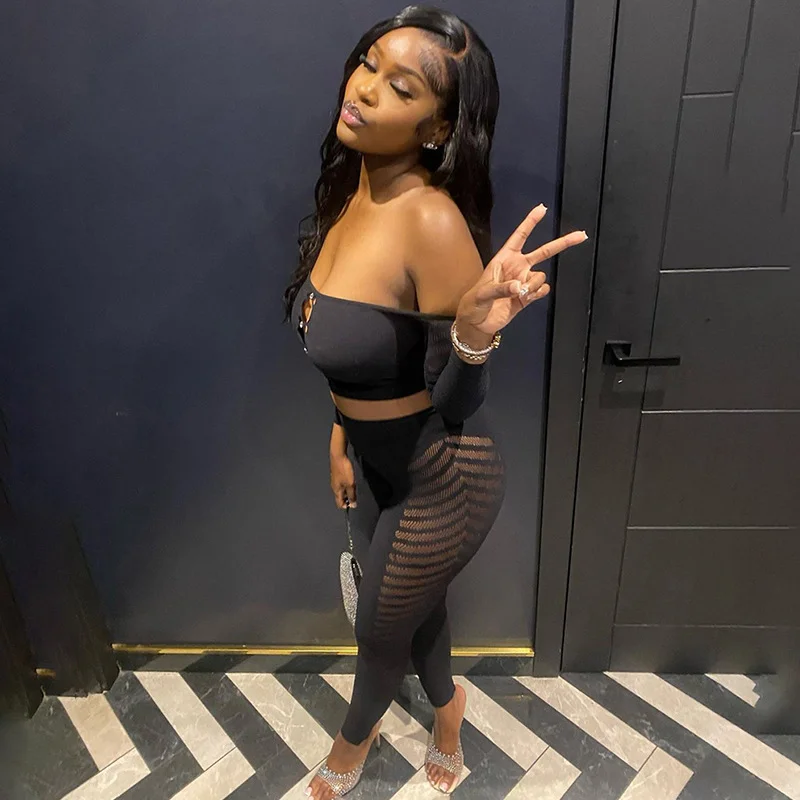 Uveng Uveng Women's Clothing 2023 Mesh Perspective Hollow Diamond Wrap Bra Long Sleeve Trousers Casual Suit