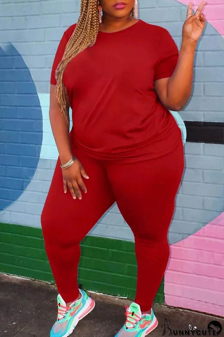 Red Fashion Casual Solid Basic O Neck Plus Size Two Pieces