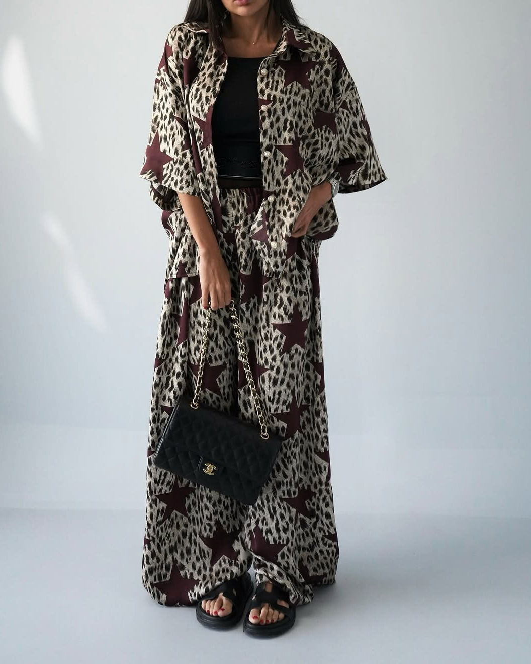 Leopard Print Short Sleeve Shirt & Wide Leg Pants