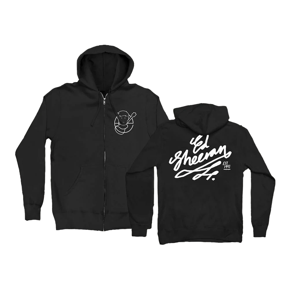 "Ed Sheeran black zip hoodie with signature back print and front graphic"