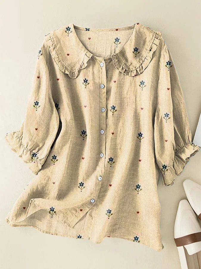 Vintage Floral Loose Fit Peter Pan Ruffle Collar Shirt