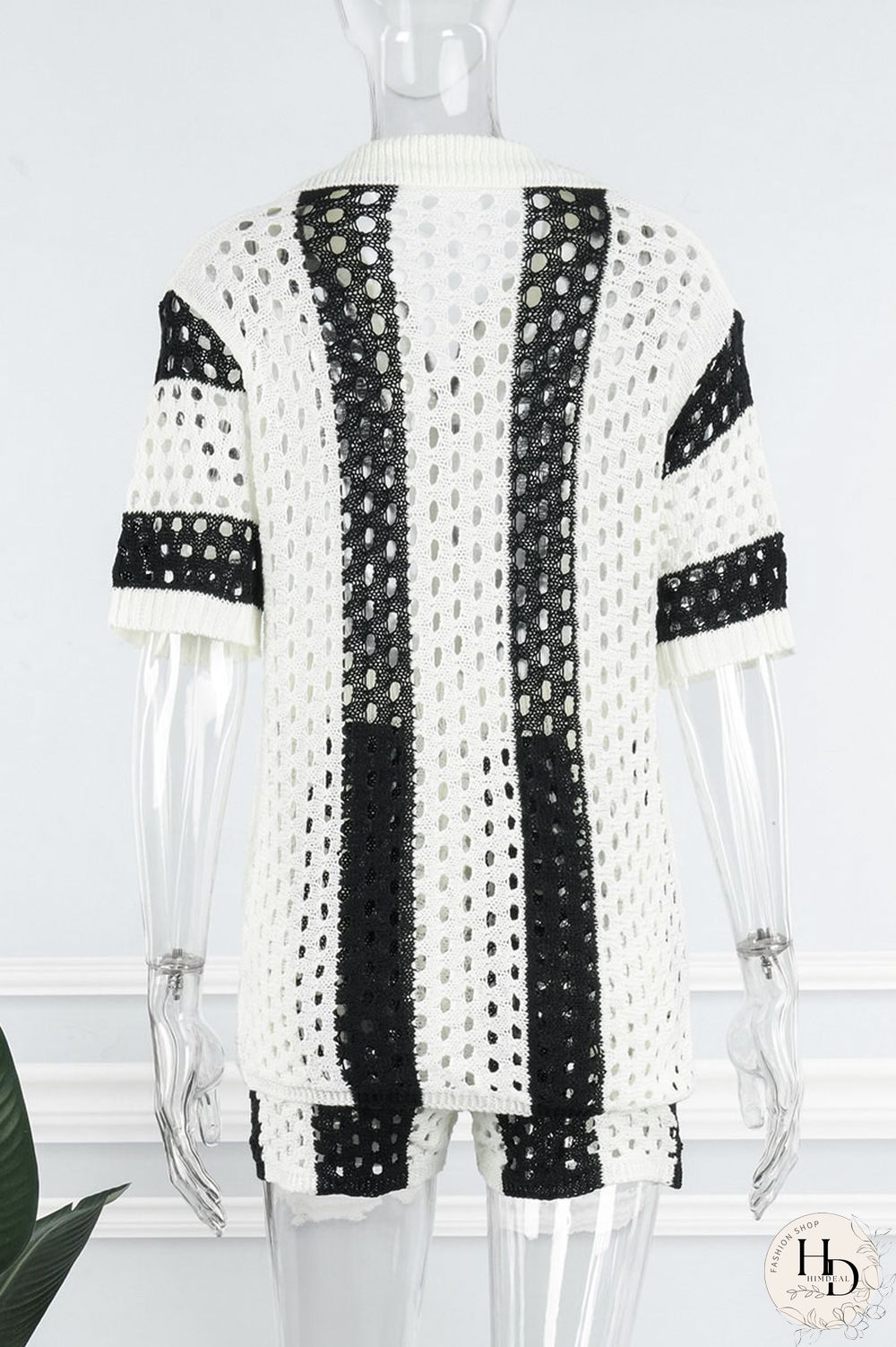 Rose Red Sexy Hollowed Out Patchwork Buckle Turndown Collar Short Sleeve Two Pieces