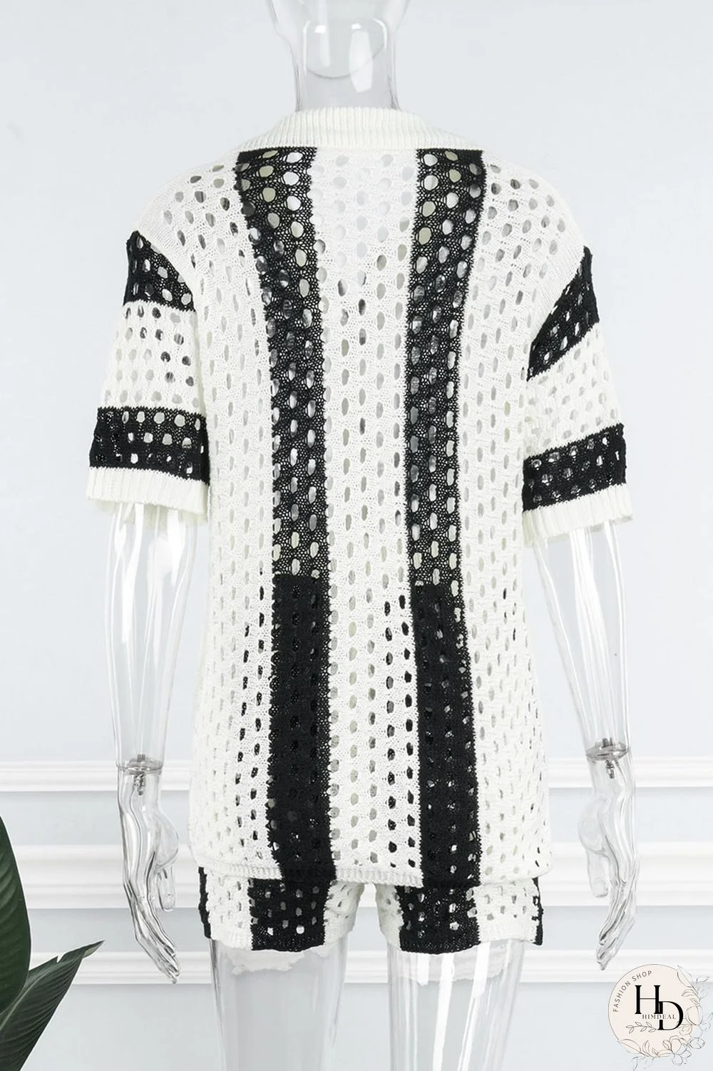 Rose Red Sexy Hollowed Out Patchwork Buckle Turndown Collar Short Sleeve Two Pieces