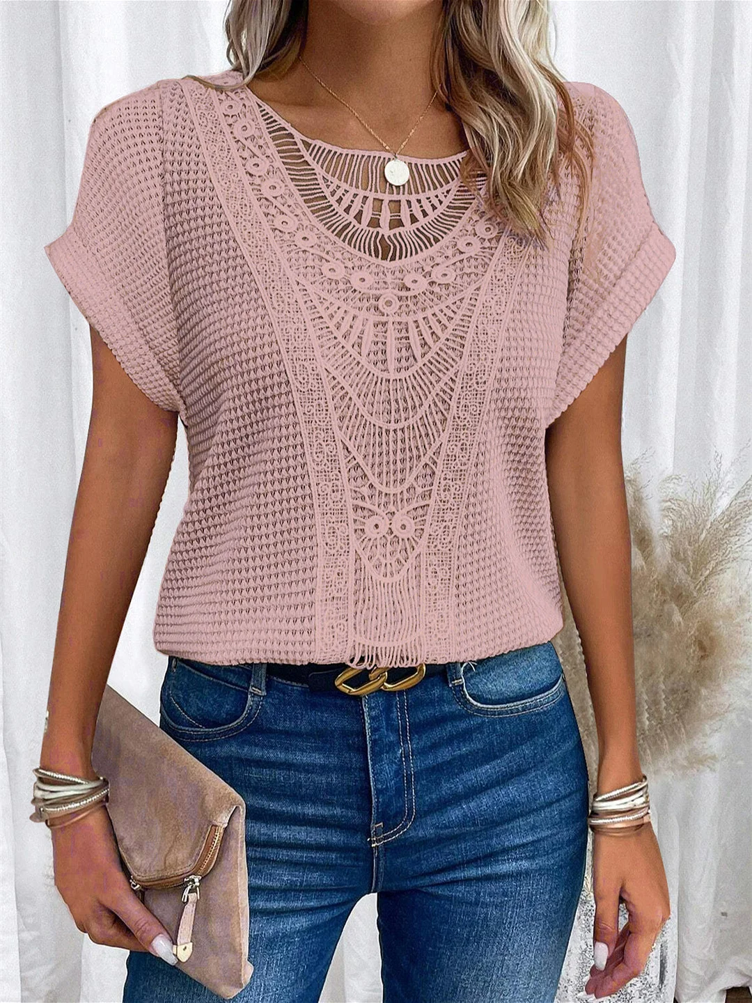 Women Short Sleeve Scoop Neck Solid Color Lace Tops