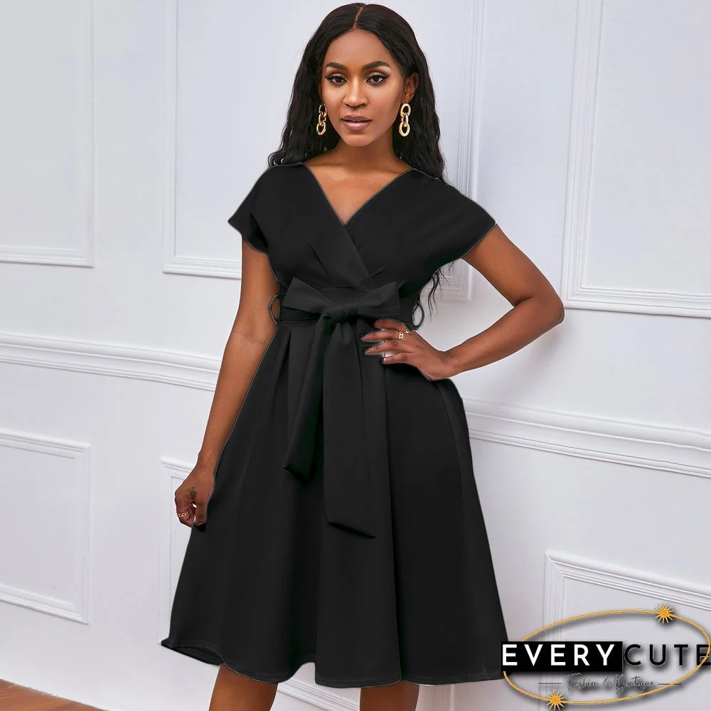 V-neck Solid Color Waist Bow Tie Dress White Dresses