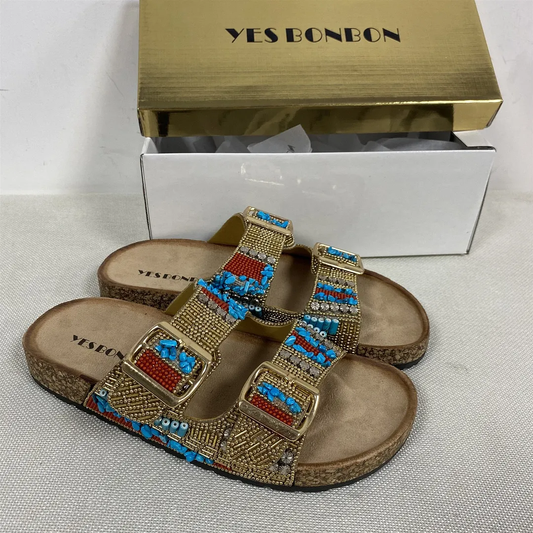 Cork flat-bottomed women's slippers 2021 classic ethnic style comfortable women's shoes polka-dot gem-decorated buckle sandals
