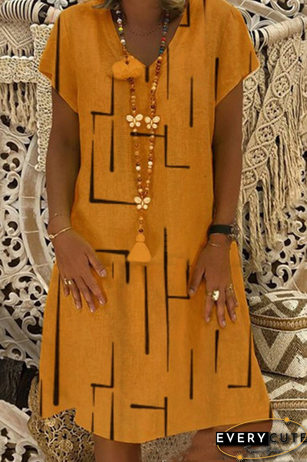 Casual Print Patchwork V Neck Straight Dresses(8 Colors)