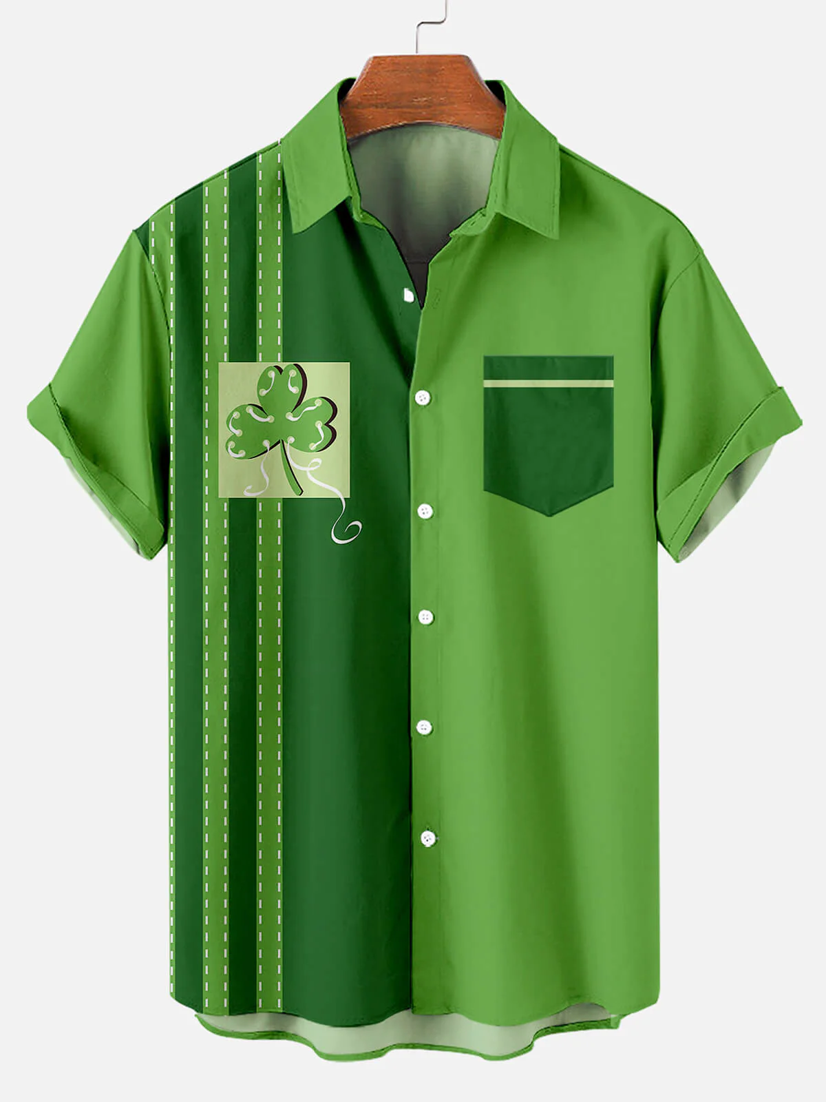 St. Patrick's Day Lucky Shamrock Stripe Contrast Print Casual Short Sleeve Shirt PLUSCLOTHESMAN