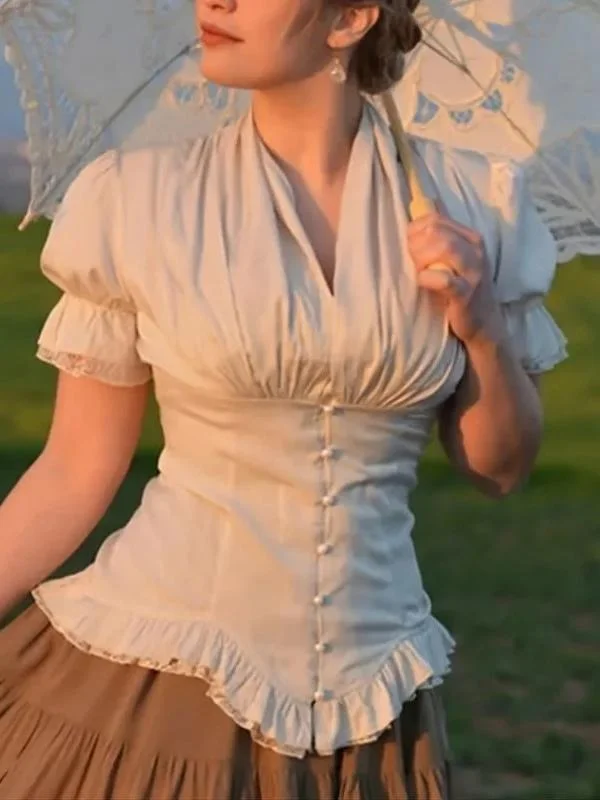 Elegant White V-neck Buttoned Lace Hem Short Puff Sleeve Shirt