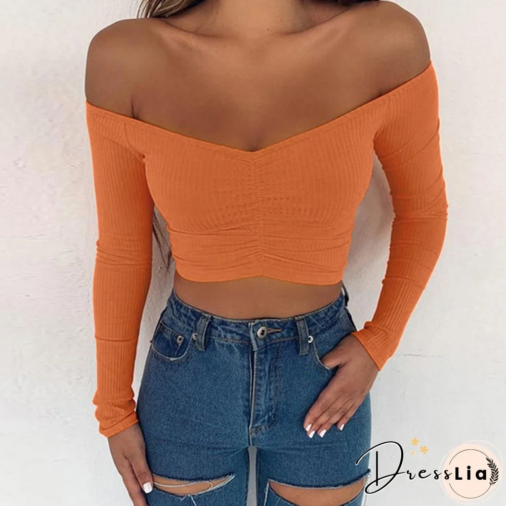 Summer Shirt T-shirt Casual Lady Long Sleeve Wrapped Chest Word Shoulder Fashion Tops