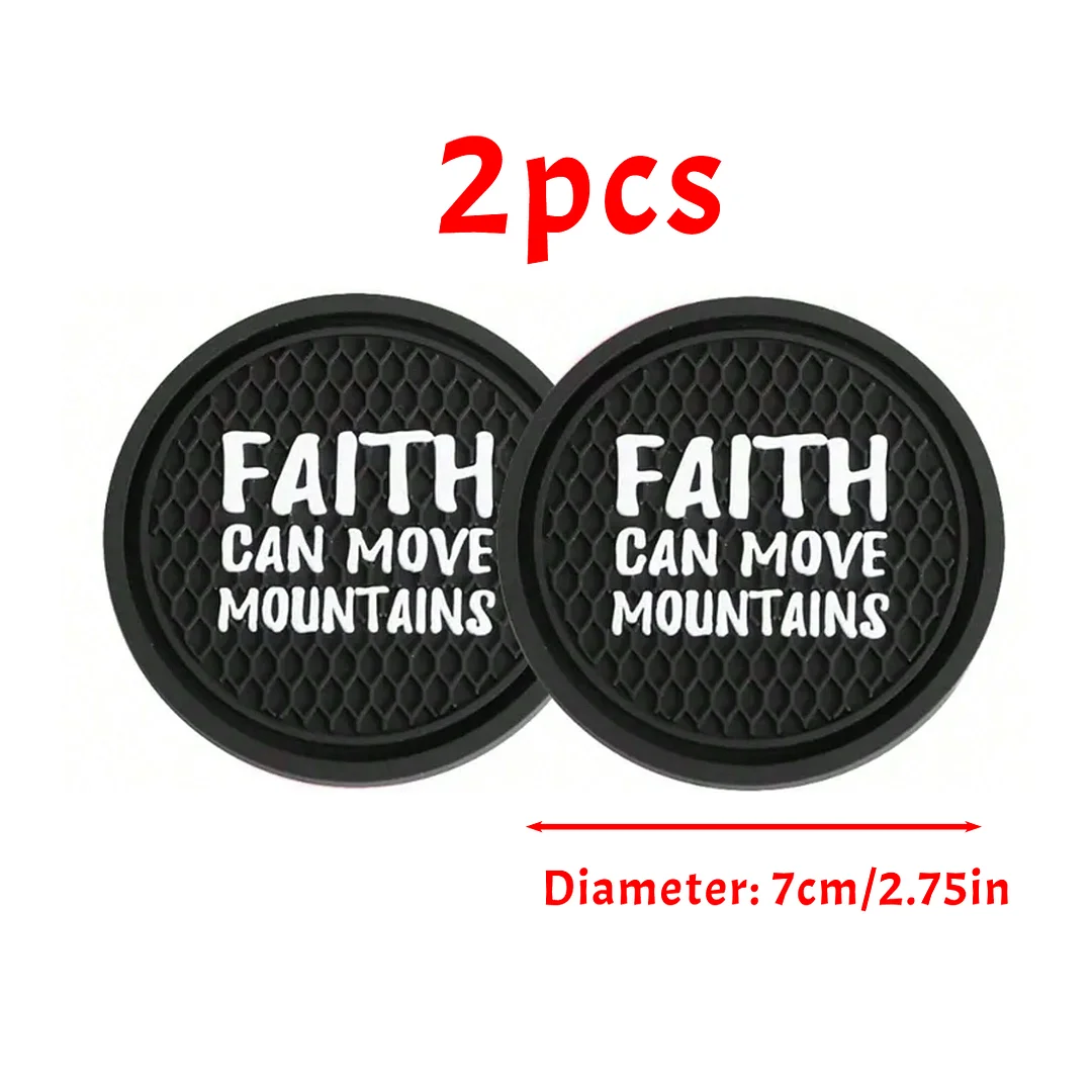 2pcs black silicone car coasters, "faith can move mountains" cute creative coasters, non-slip waterproof car coasters, general purpose models