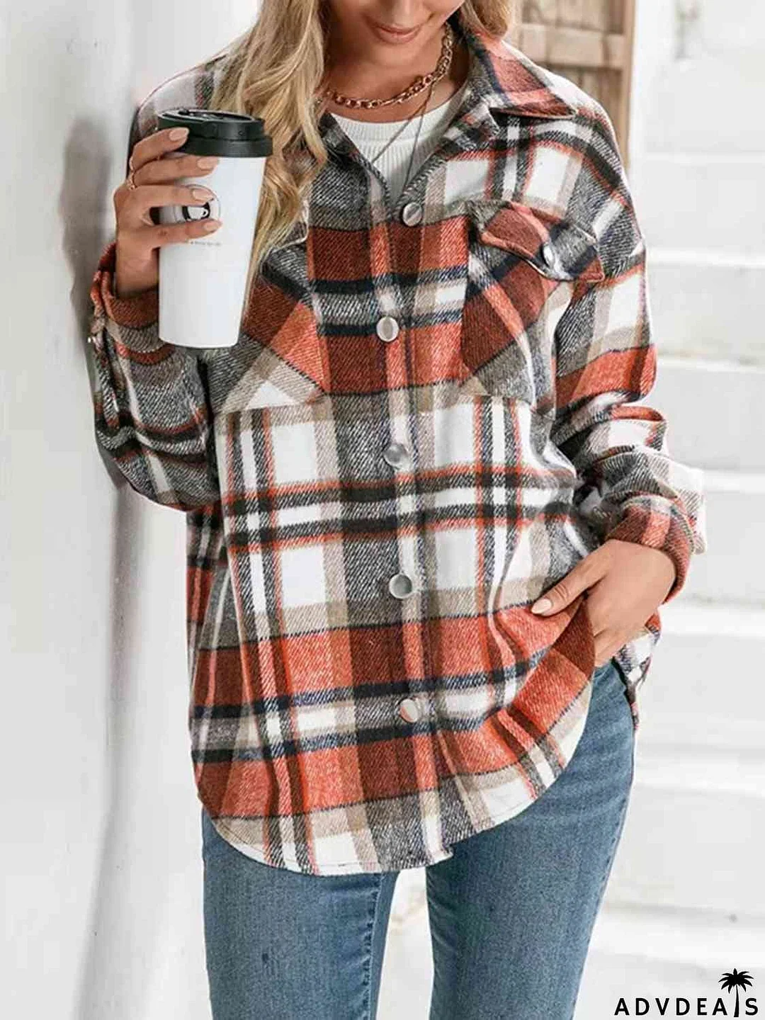 Plaid Collared Neck Button Down Jacket