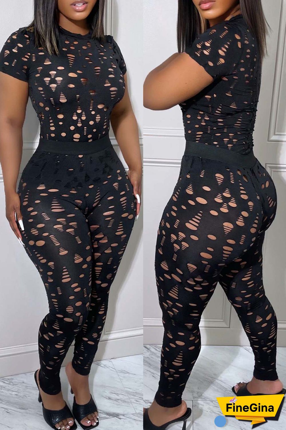 Black Sexy Solid Ripped Hollowed Out O Neck Short Sleeve Two Pieces