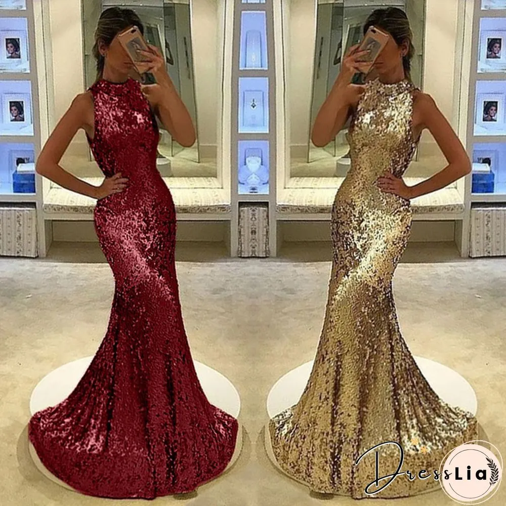 Womens Sleeveless Neck Sequin Party Prom Dress Shinny Slim Fit Fishtail Maxi Elegant