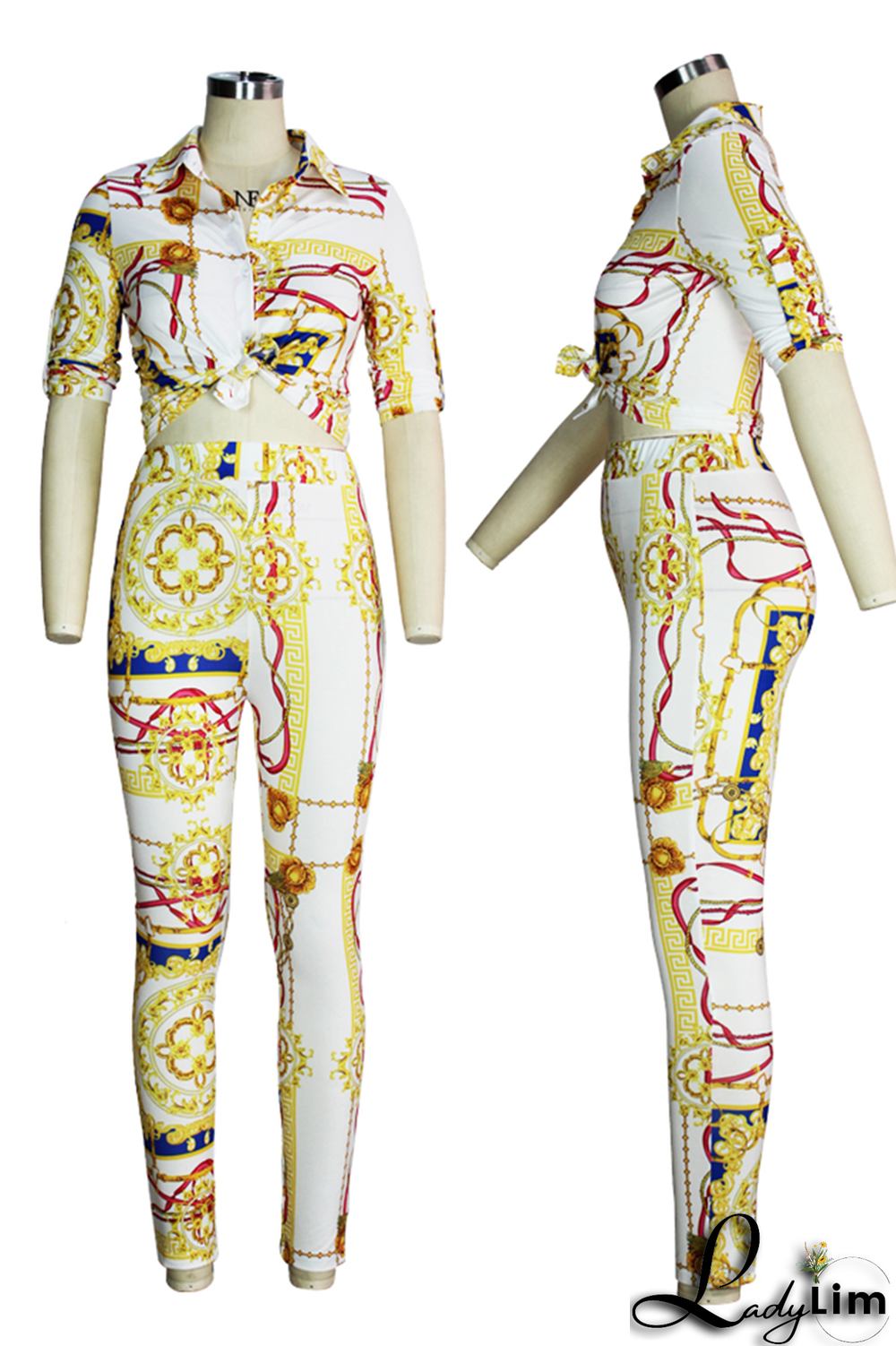 Yellow Sexy Patchwork Tie-dye Turndown Collar Long Sleeve Two Pieces