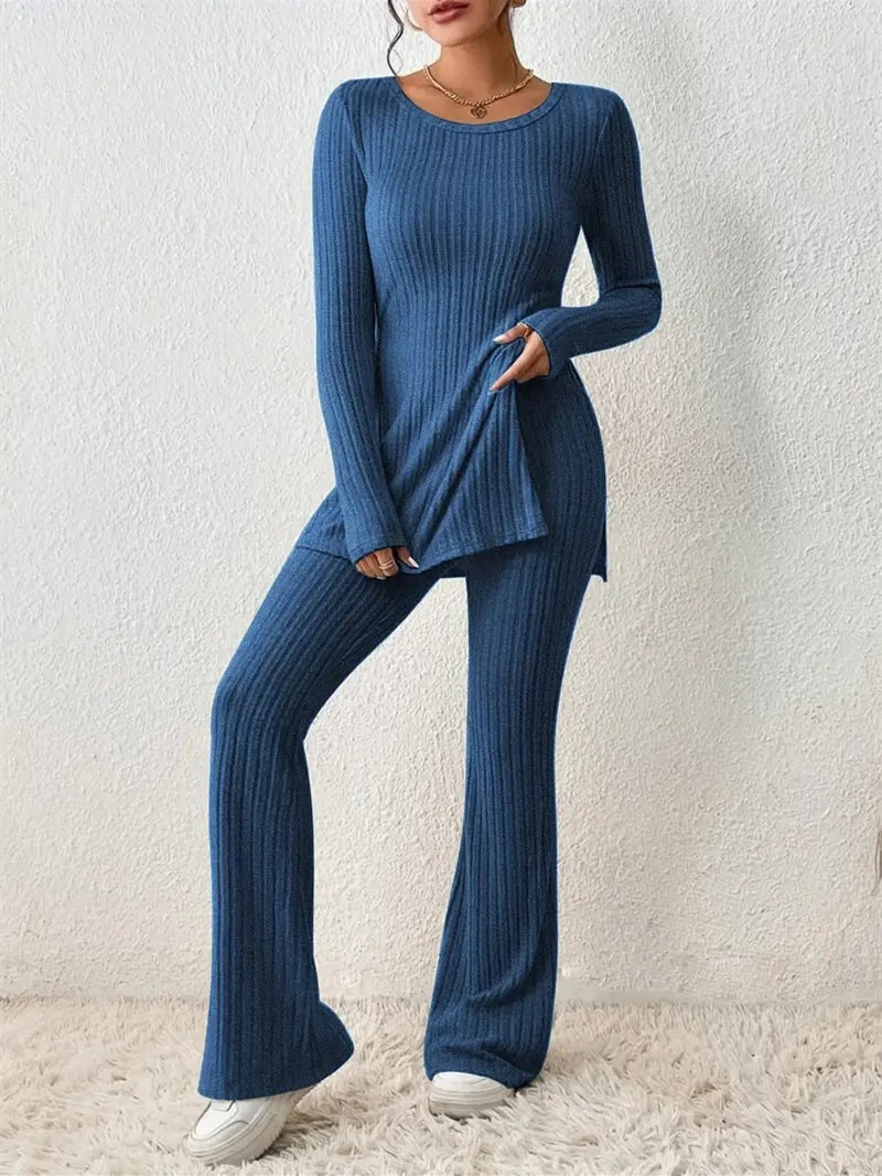 Women's Long Sleeve Scoop Neck Solid Color Two-Piece Set