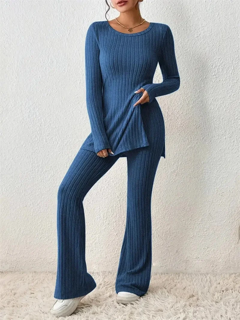 Women's Long Sleeve Scoop Neck Solid Color Two-Piece Set