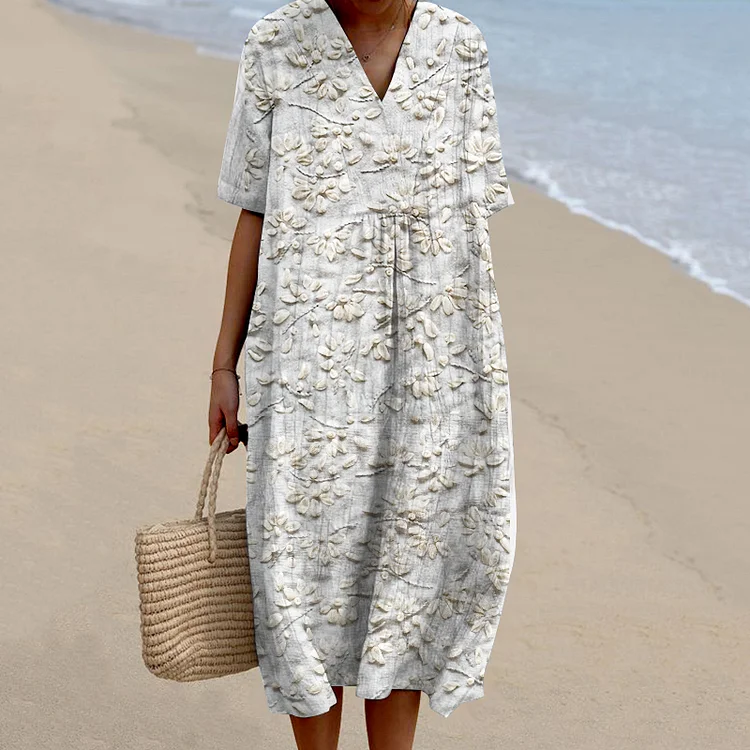 Vintage Lace Floral Art Casual V Neck Midi Dress