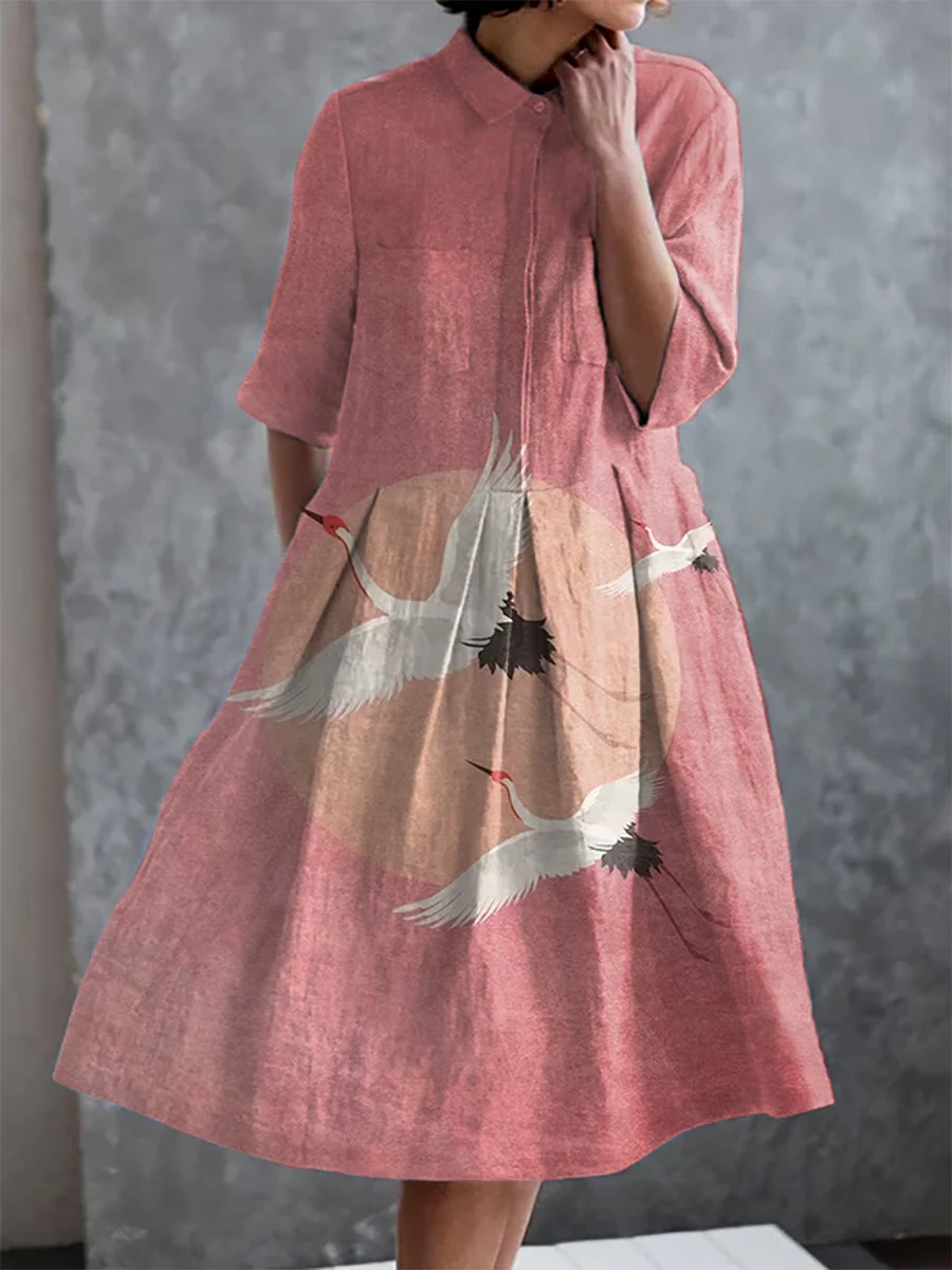 Japanese Crane Print Casual Elegant Pocket Half Sleeve Dress