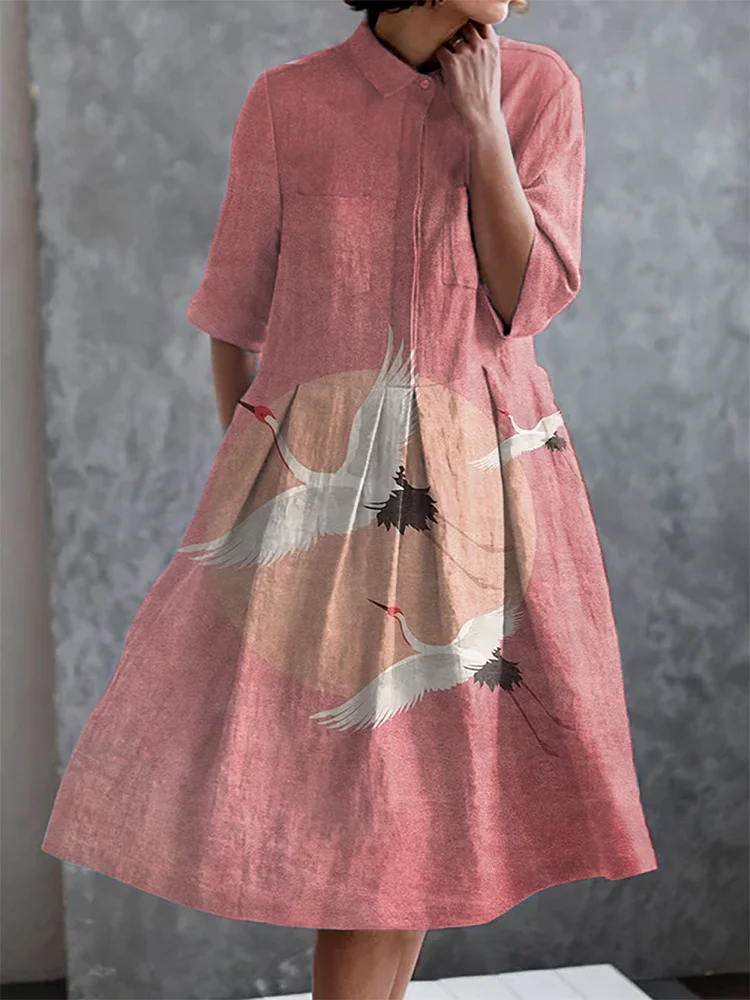 Japanese Crane Print Casual Elegant Pocket Half Sleeve Dress