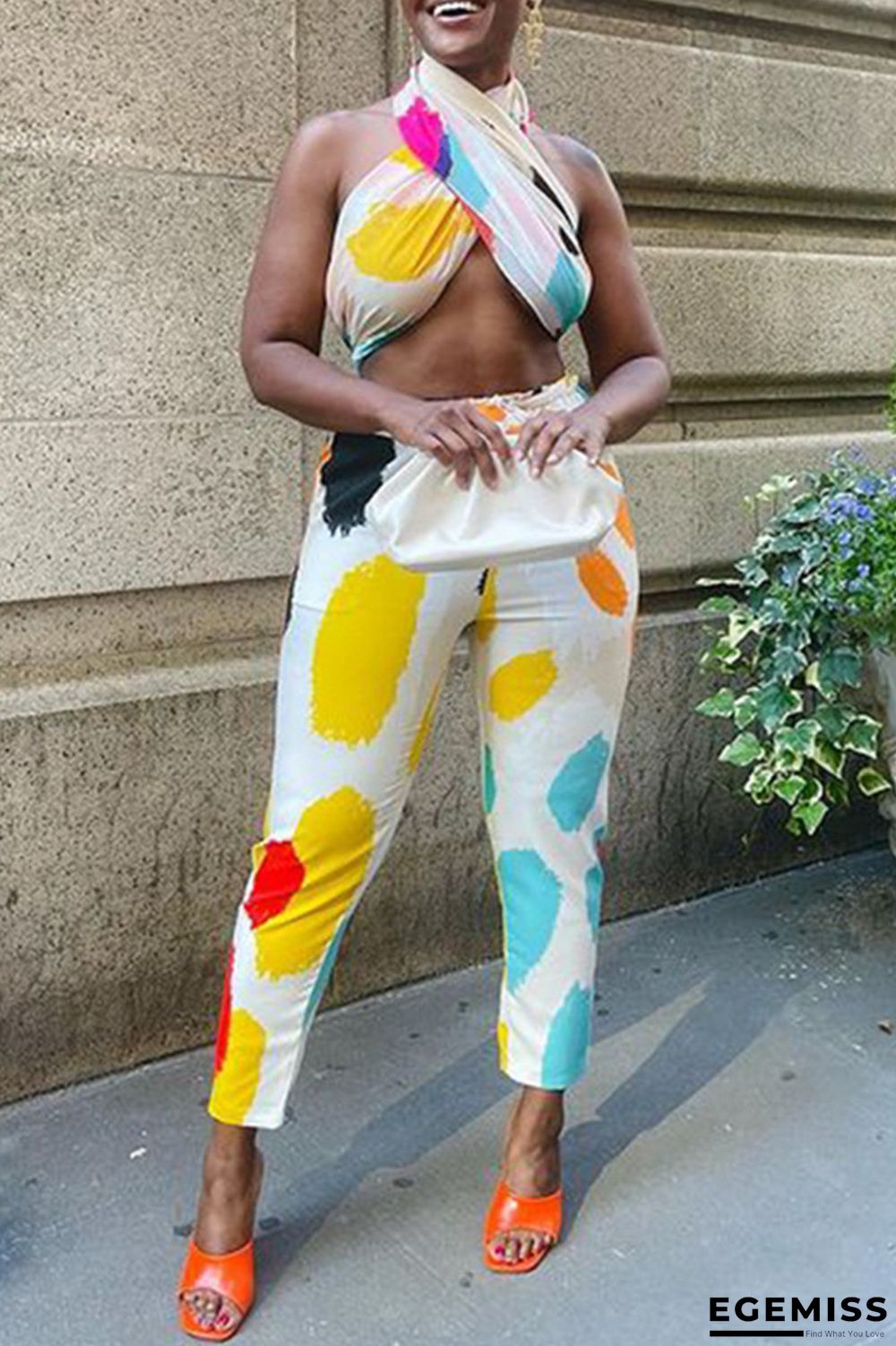 White Fashion Sexy Print Bandage Backless Halter Sleeveless Two Pieces | EGEMISS