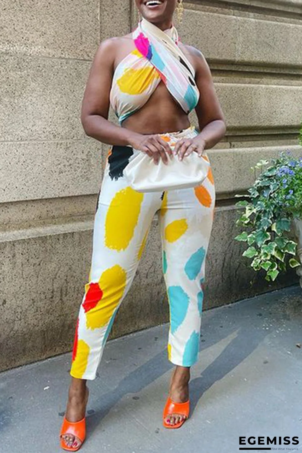 White Fashion Sexy Print Bandage Backless Halter Sleeveless Two Pieces | EGEMISS