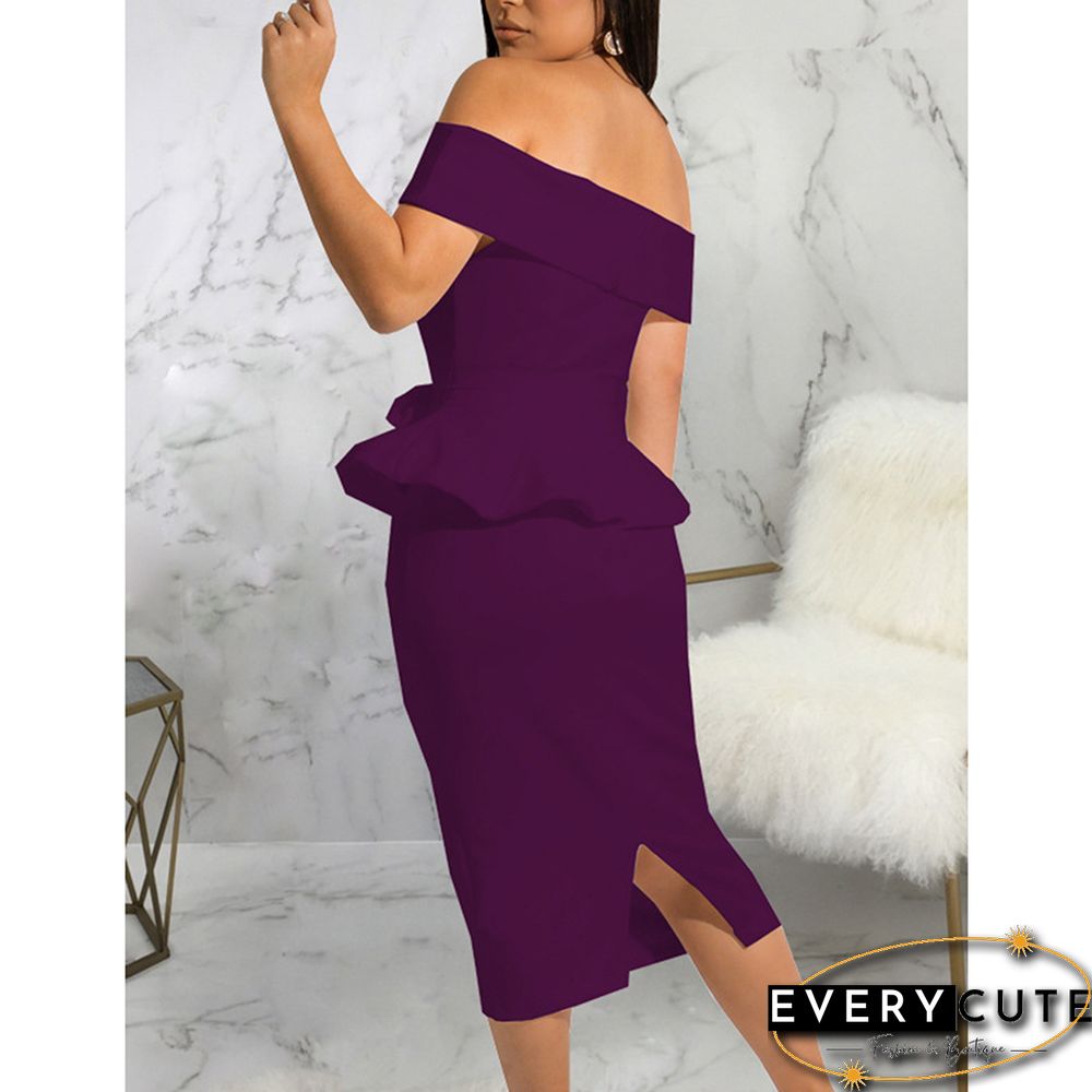 Purple Off the Shoulder Ruffle Bodycon Midi Dress