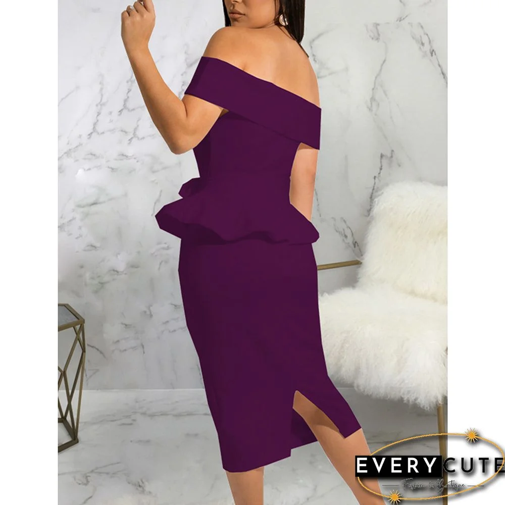 Purple Off the Shoulder Ruffle Bodycon Midi Dress