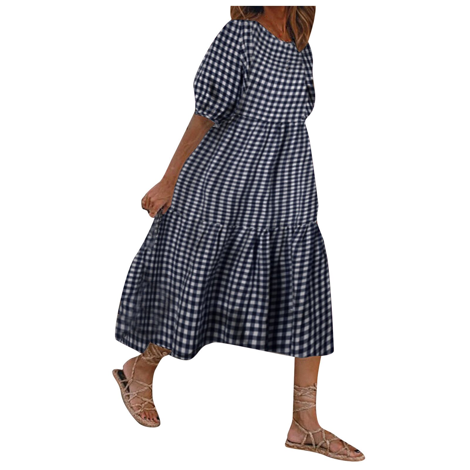 Plaid Printed Women Dress Puff Sleeve Summer Dress Vintage Loose Splicing Dress Bohemia Loose Pleated Dresses For Women 2021