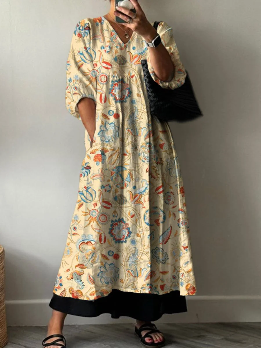 Women's  Retro Flower Print Pocket V-neck Cotton Dress