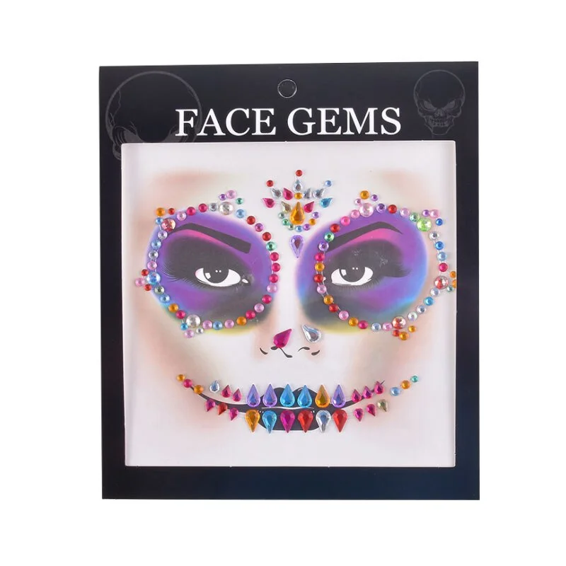 3D Gem Face Sticker Ghost Skull Face with Diamond Decoration Fashion Sexy Face Stickers Prom Holiday Party Face Decoration