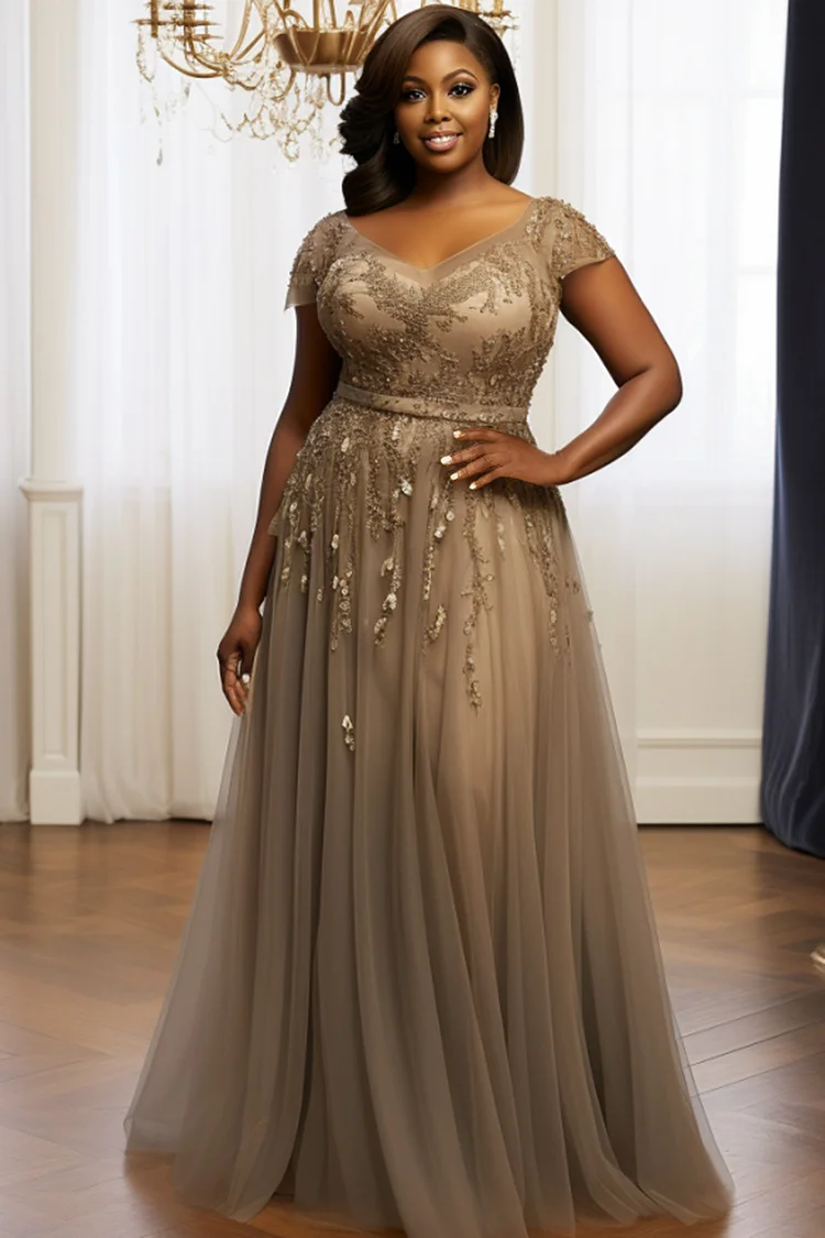 Xpluswear Design Plus Size Formal Grey V Neck Short Sleeve Embroidery Tulle Maxi Dresses [Pre-Order] 2024 - Xpluswear