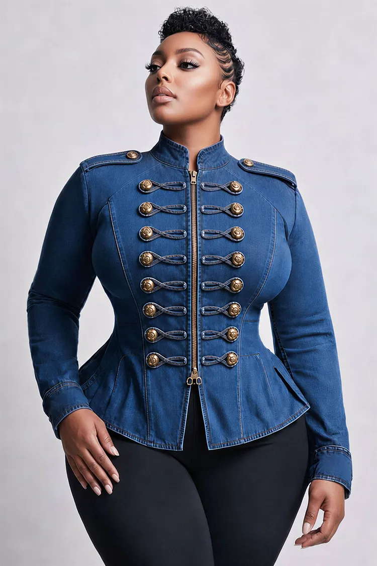 Xpluswear Design Plus Size Business Casual Blue Mock Neck Long Sleeve Frog Button Zipper Denim Jacket [Pre-Order] 2024 - Xpluswear