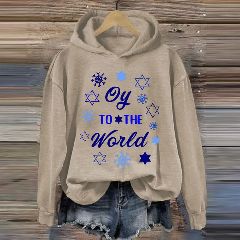 Women's Oy To The World Hanukkah Print Casual Sweatshirt