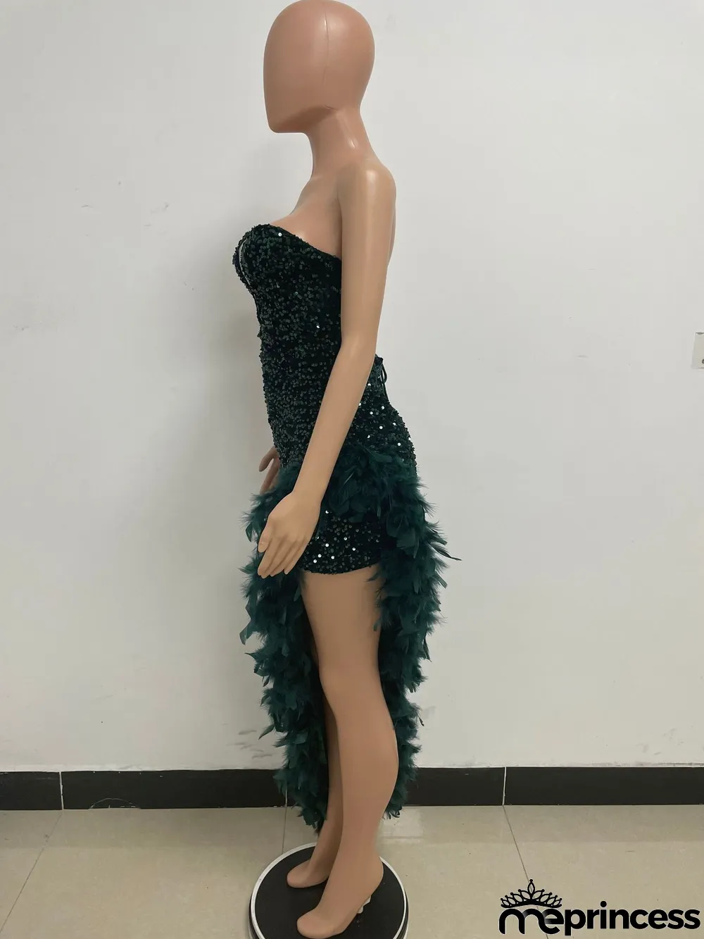Women Sexy Off Shoulder Backless Sequin Feather Dress