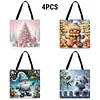 (US Only)4pcs Christmas Linen Tote Bag Handbag Large Capacity Women Shopping Shoulder Bag
