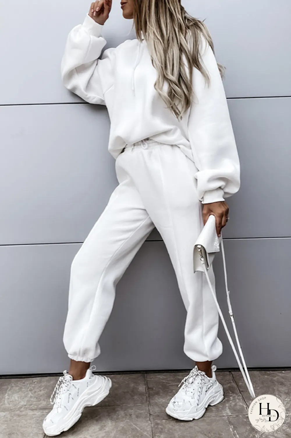 Street Solid Split Joint Draw String Hooded Collar Long Sleeve Two Pieces(5 colors)