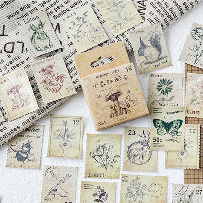 46 Pcs/box Forest Plant Animal Stamp Mini Vintage Paper Stickers Scrapbooking Stationery Retro Decorative Journal Flake Sticker