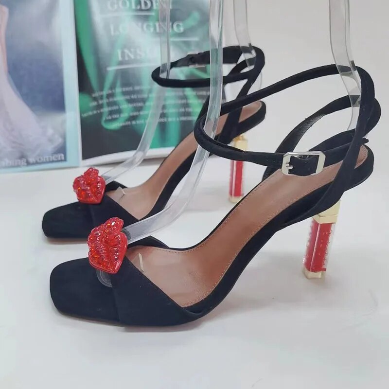 Lips Rhinestone Sandals Woman Open Toe One Belt Strange High Heels Lady Party Shoes