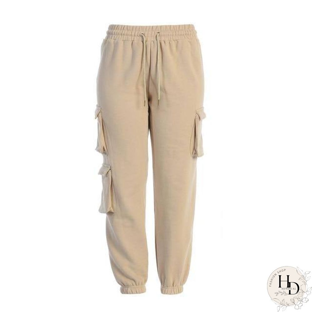 Multi-pocket Sweatpants Women Casual High Elastic Waist Drawstring