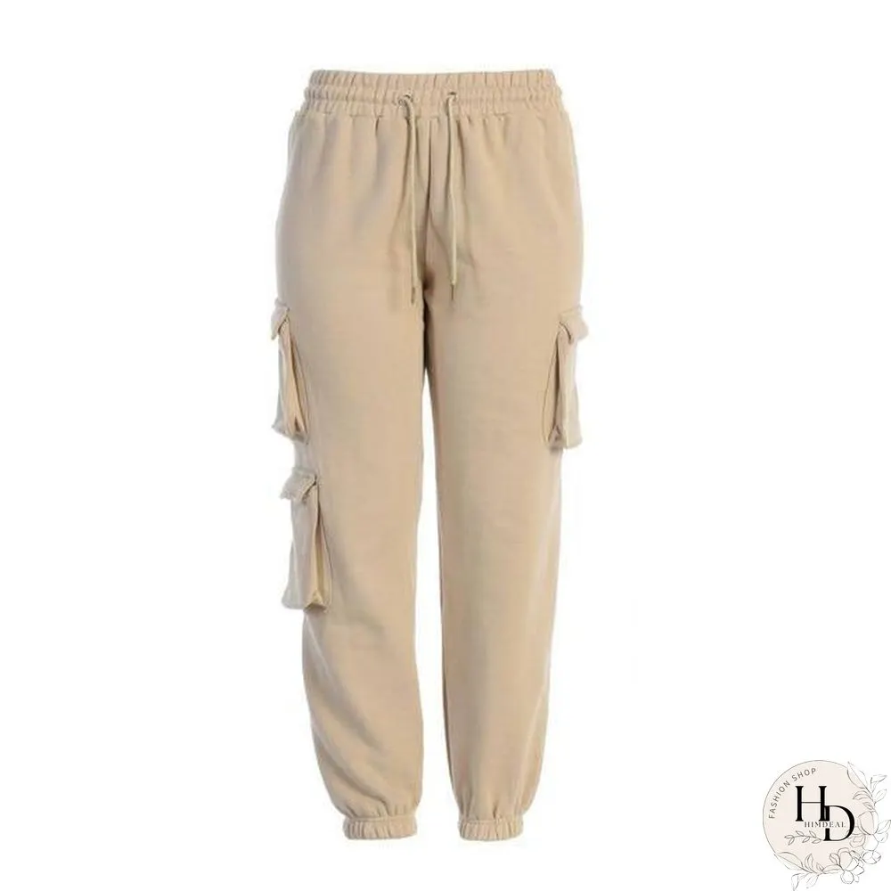 Multi-pocket Sweatpants Women Casual High Elastic Waist Drawstring