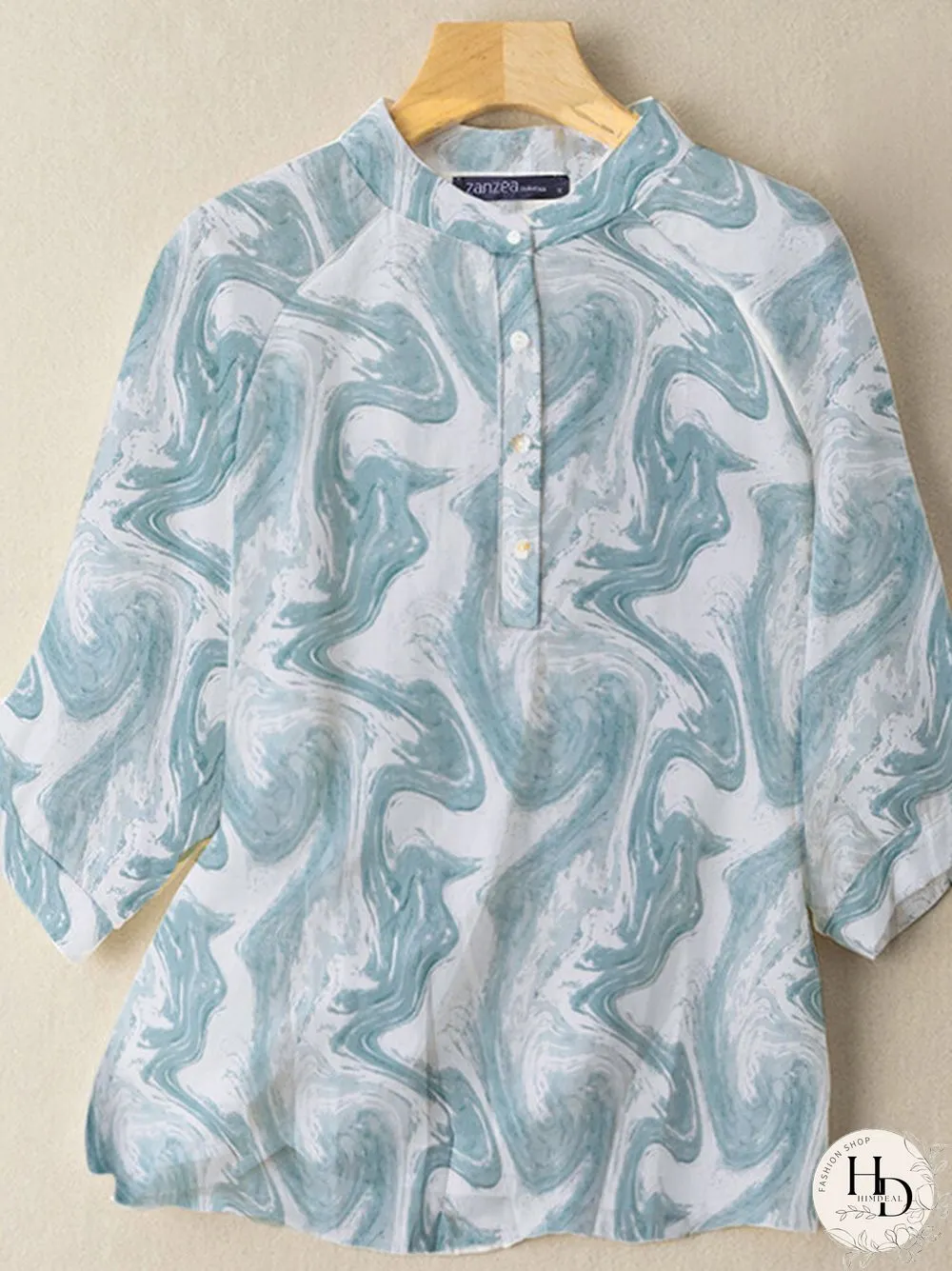 Wave Pattern Button Stand Collar Casual Blouse