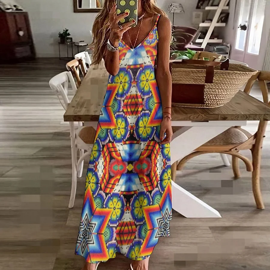 Huichol Beadwork Mexican Folk Art Bead Work Women's Casual Strappy V Neck Sleeveless Flowy Loose Long Maxi Beach Dress Sundress Geometric-S