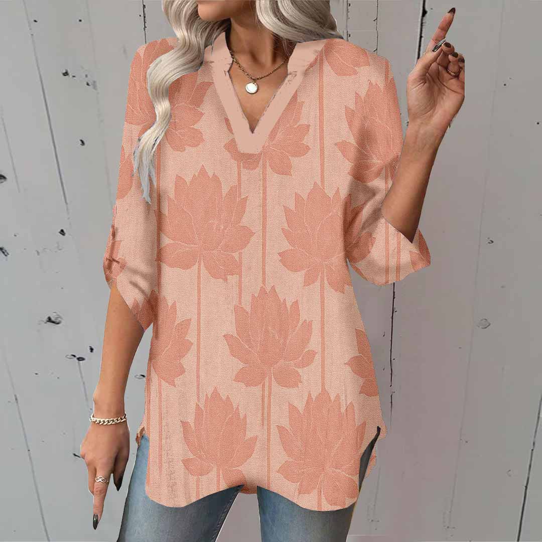 Women Leaves, Pink DZGA0386 3/4 Sleeve V-neck Printed Graphic Button Tops