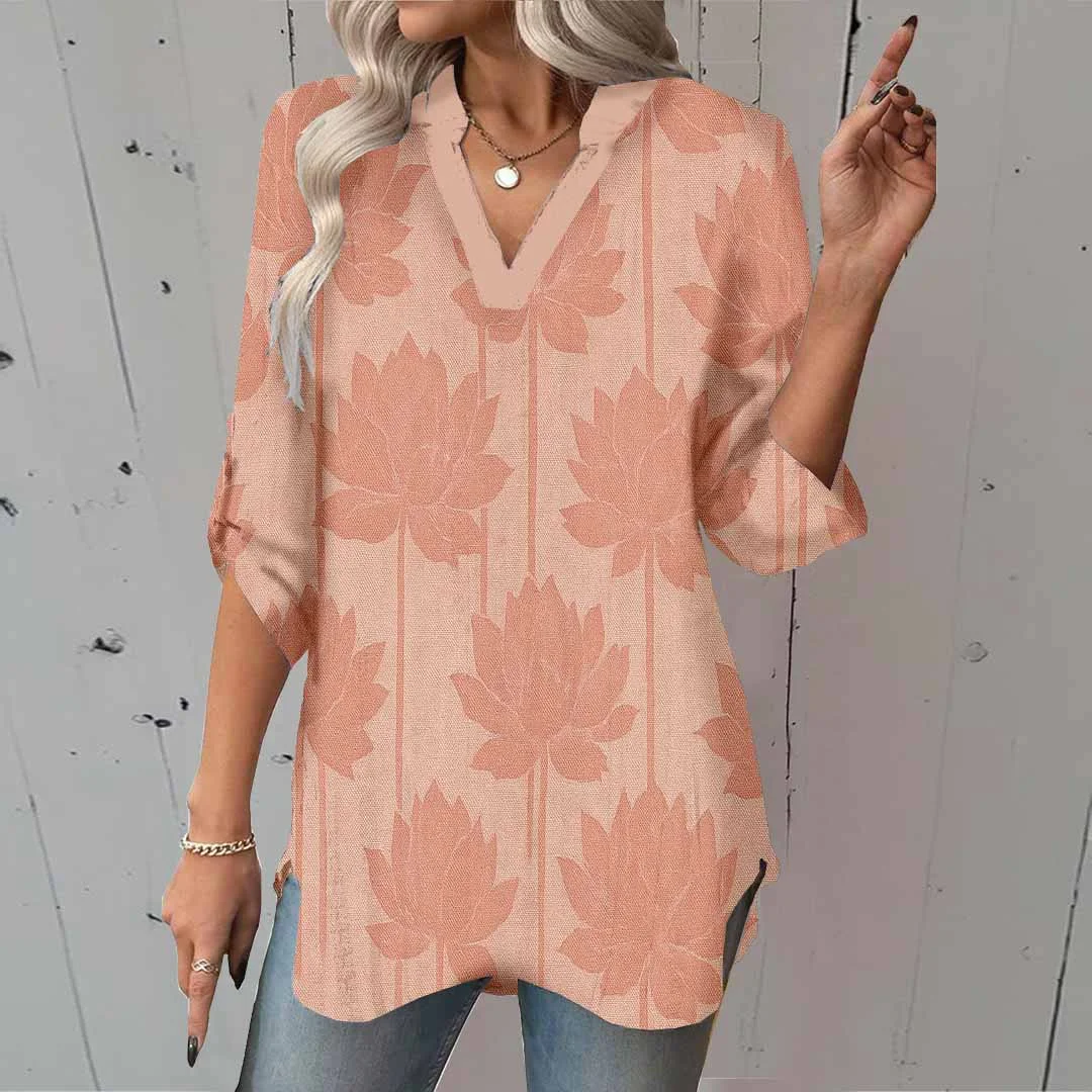 Women Leaves, Pink DZGA0386 3/4 Sleeve V-neck Printed Graphic Button Tops