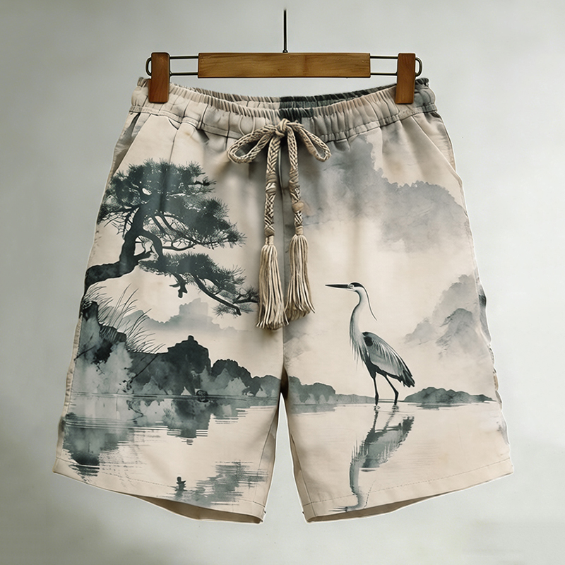 Vintage Japanese Style Crane Art Retro Casual Linen Shorts elevenforest