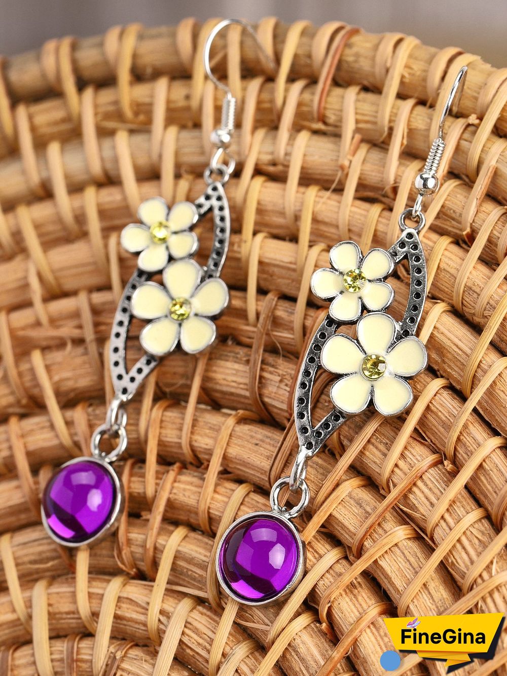 Vintage Style Yellow Flower Purple Stone Silver Earrings