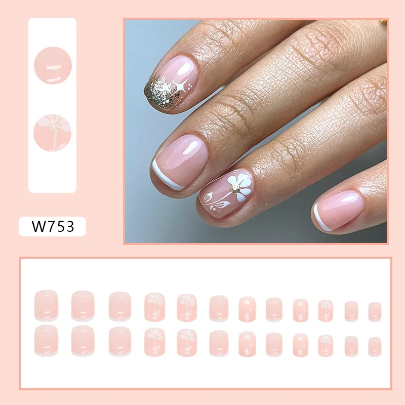 Churchf Churchf Pure Desire White Flower French Short Fake Nail Girl Pink Wear Nail Piece Finished Product Can Be Disassembled